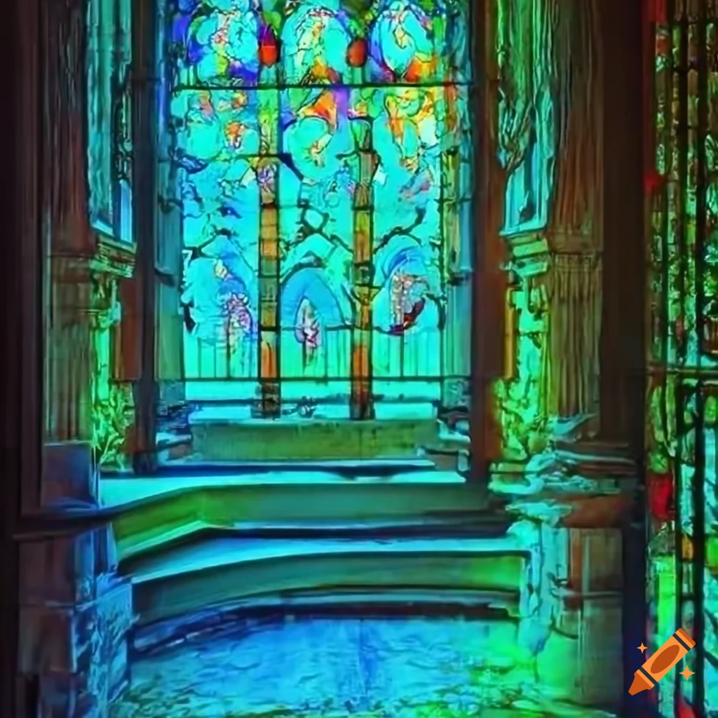 staircase leading to a stunning gothic stained glass window