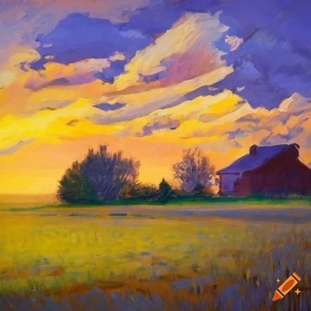 impressionist painting of a farmland at dusk