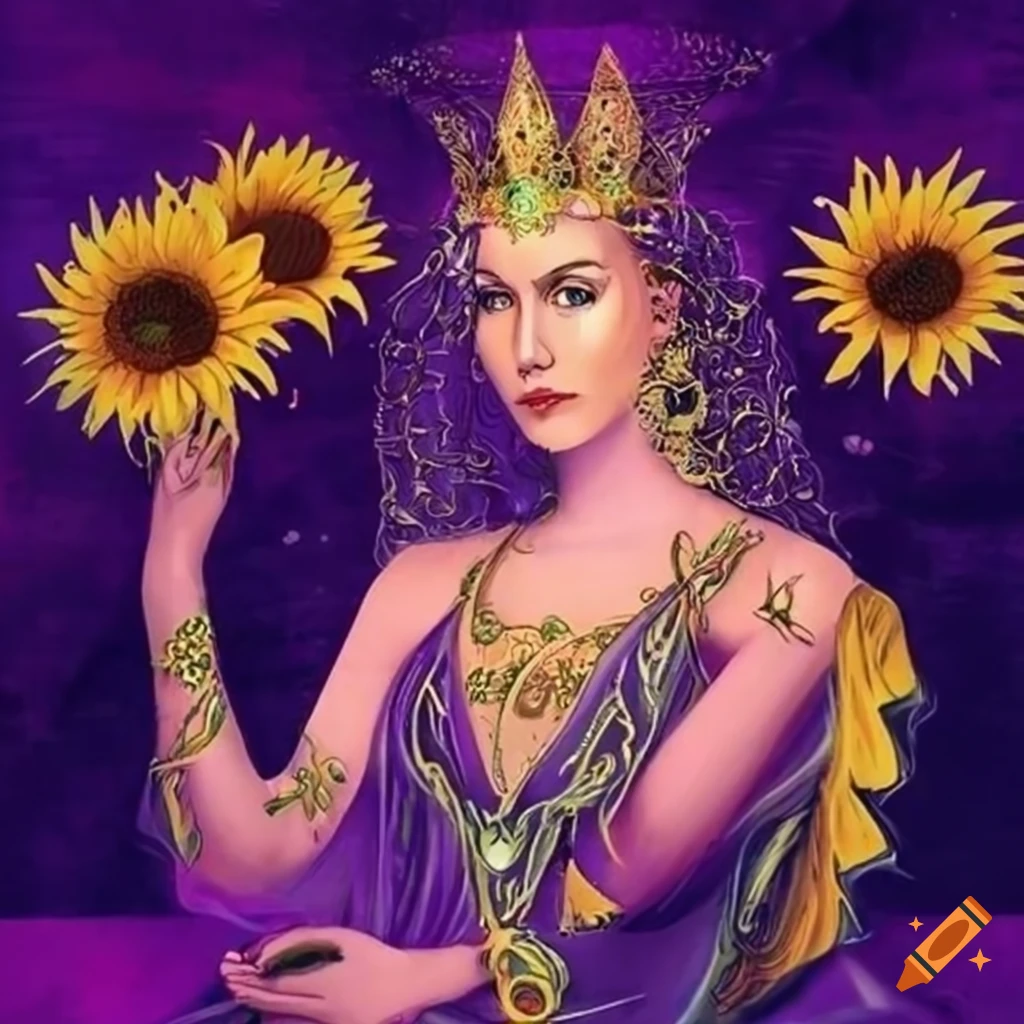 purple Empress tarot card with sunflowers