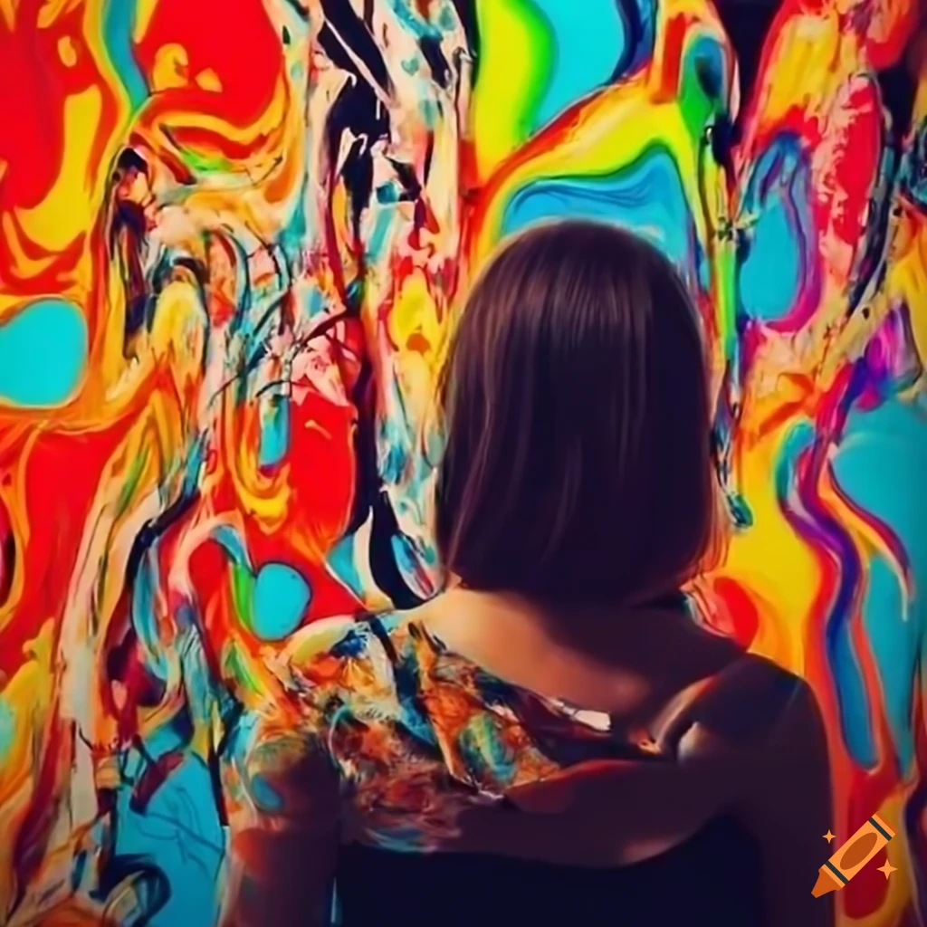 woman observing colorful abstract painting in gallery