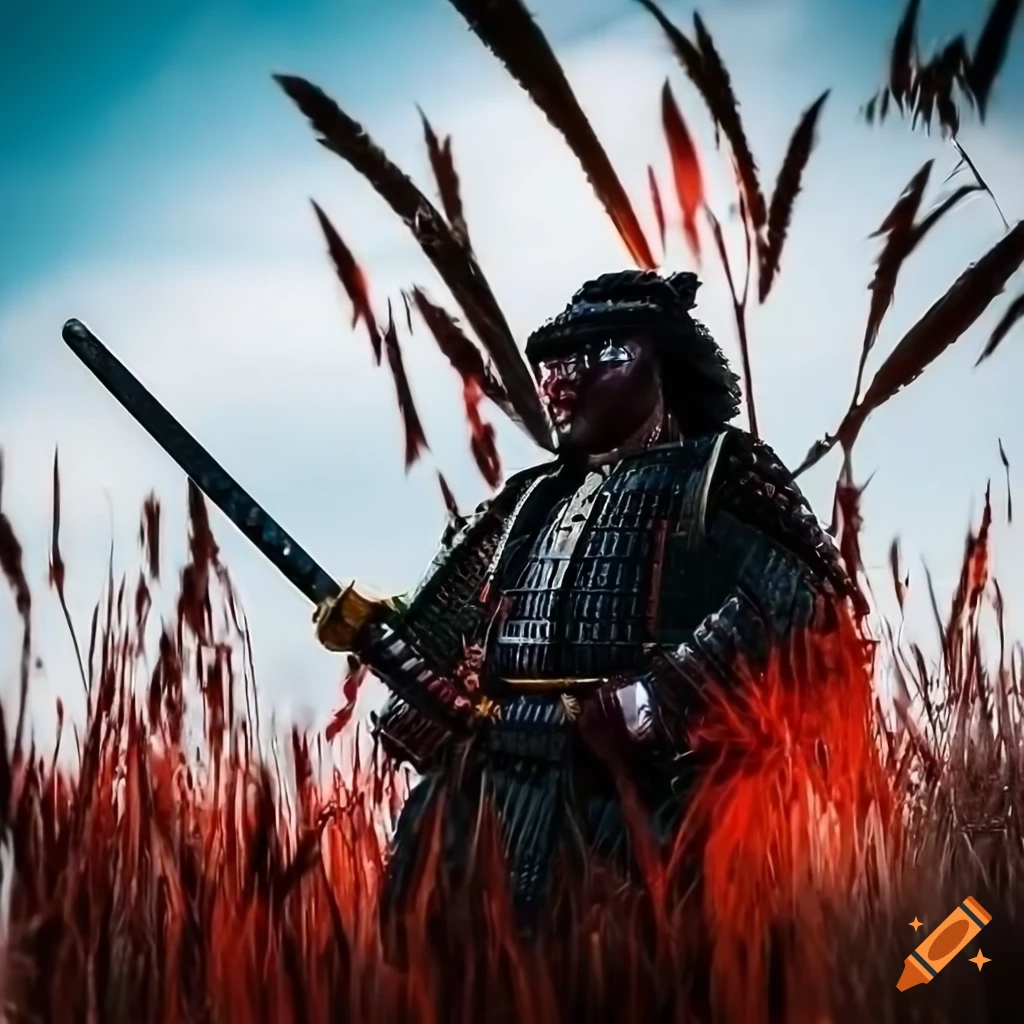 Dramatic photo of a samurai in a field of reeds on Craiyon