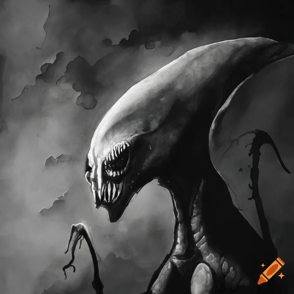 Black and white watercolor depiction of an alien creature on Craiyon