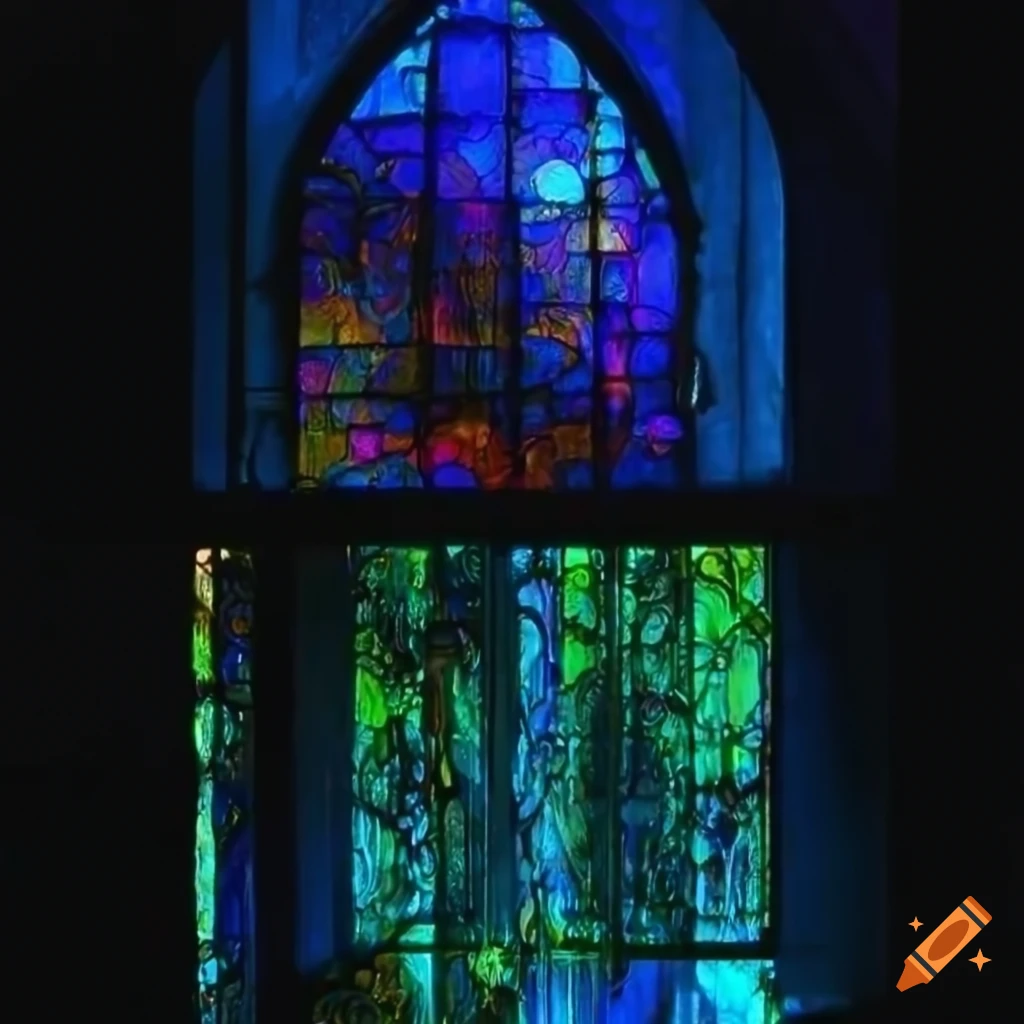 staircase leading to a stunning gothic stained glass window