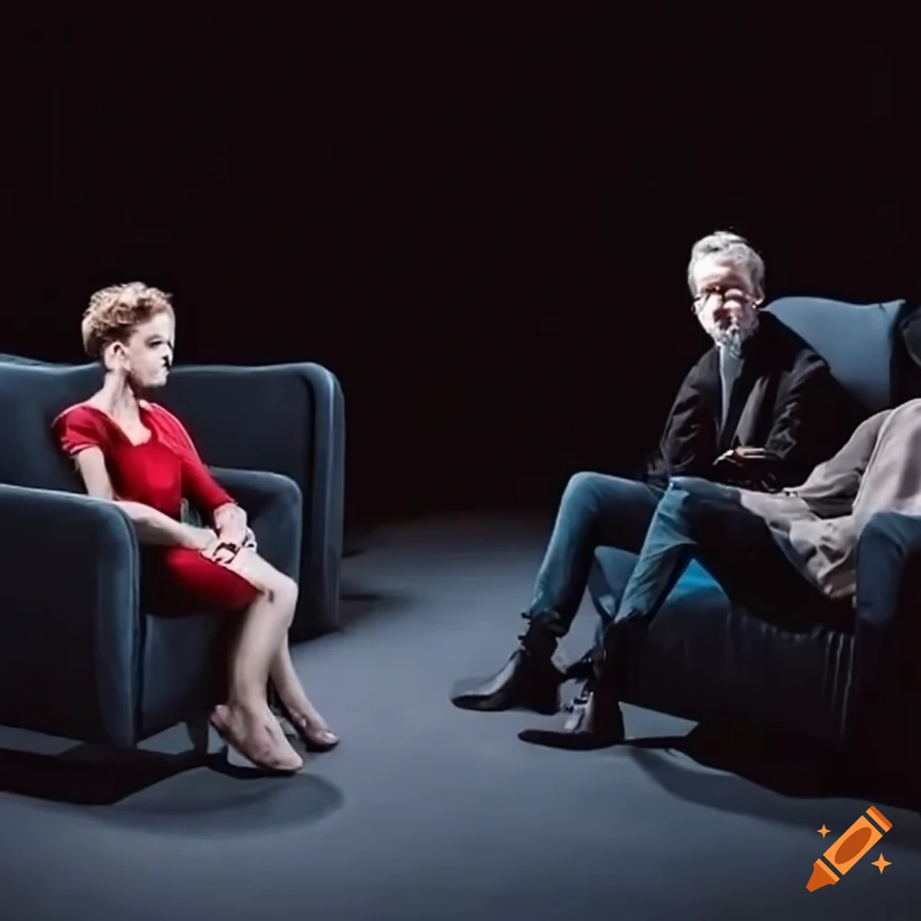 scène de théâtre avec un grand fauteuil et un public attentif