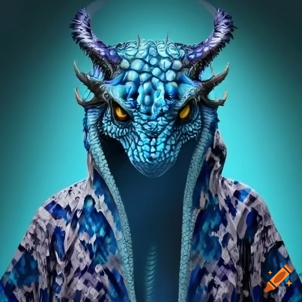 blue mystical creature in a robe with dragon head
