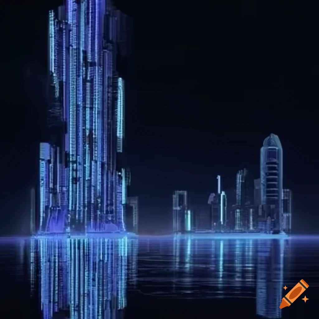 futuristic glowing skyscraper in a simulated sea