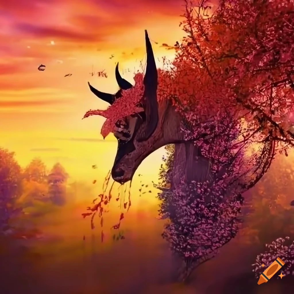 golden hour photo of a kirin in a sakura forest