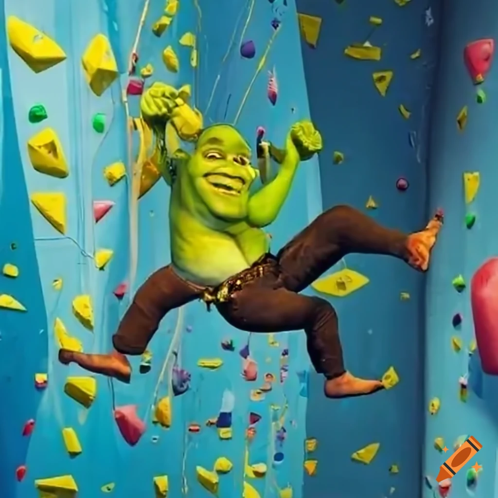 cartoon character Shrek rock climbing in a gym