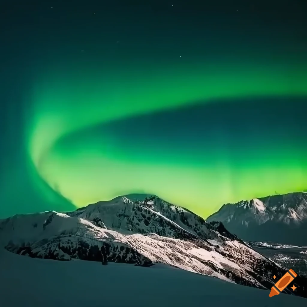 hotel under aurora lights with snow-covered mountains in the background
