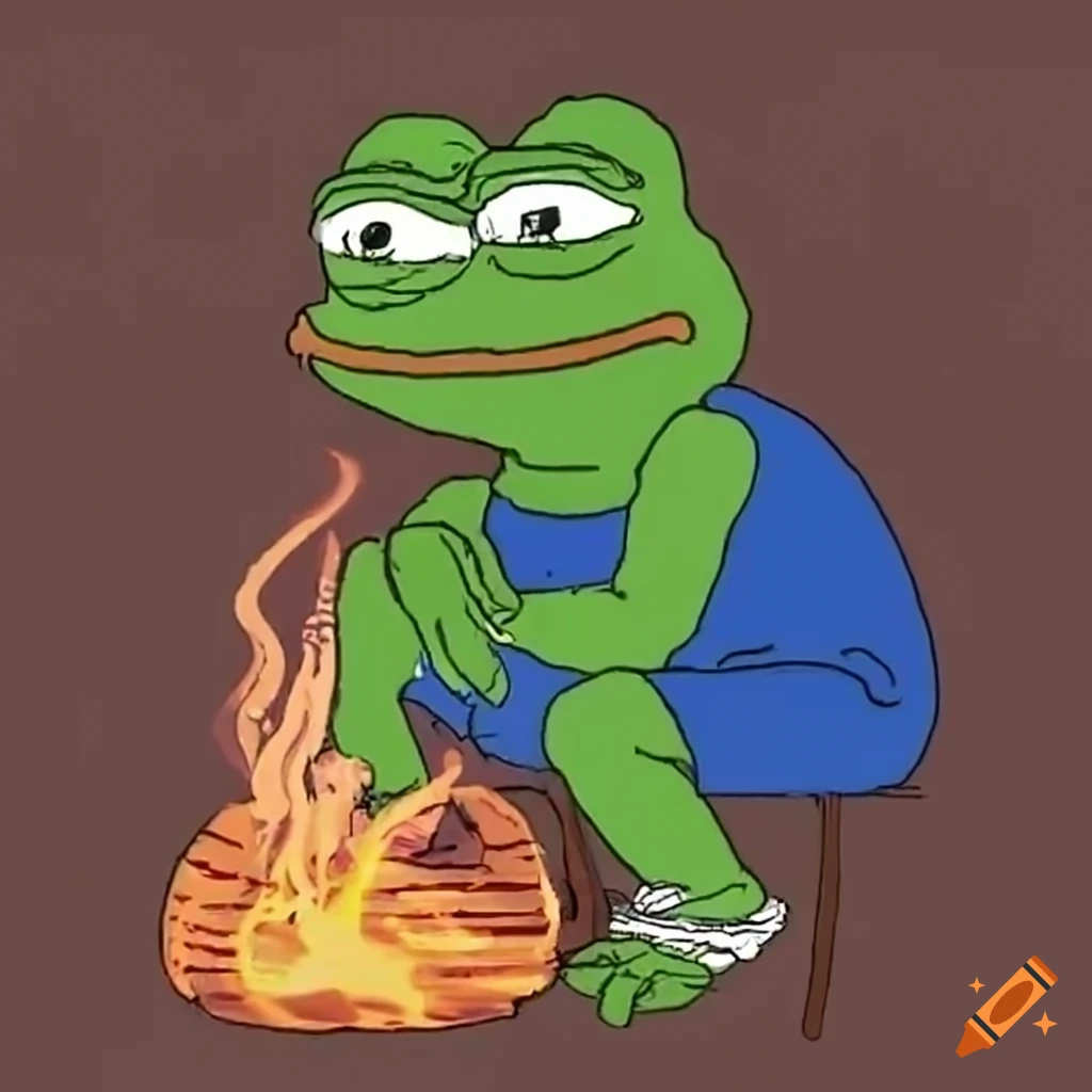 Pepe the frog sitting by a bonfire