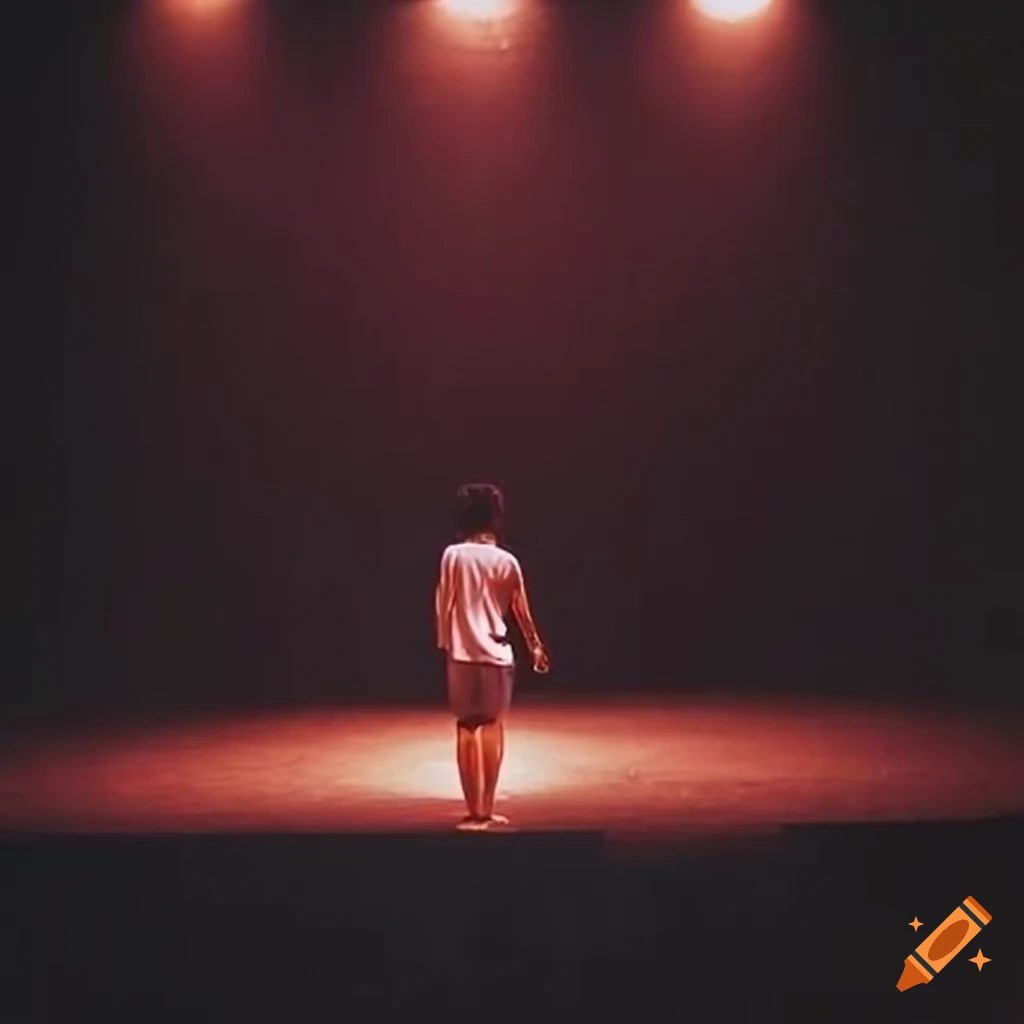 wide shot of a teenage boy standing on a stage in a dark auditorium