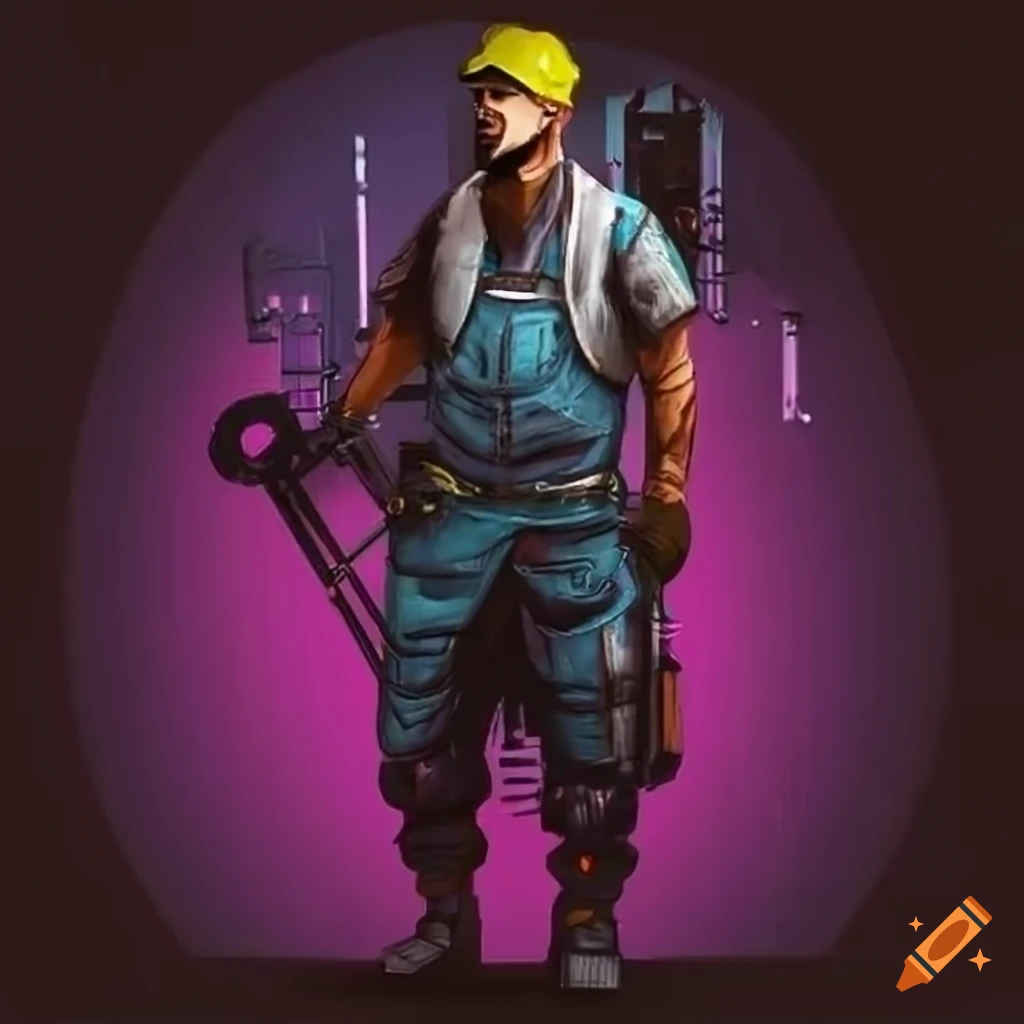 cyberpunk dock worker with a wrench