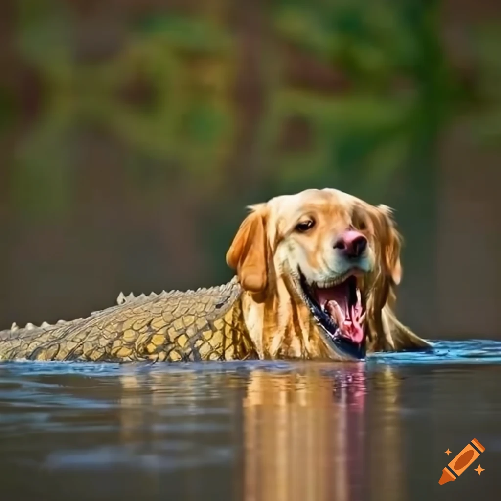 smiling golden retriever crocodile chasing a fish