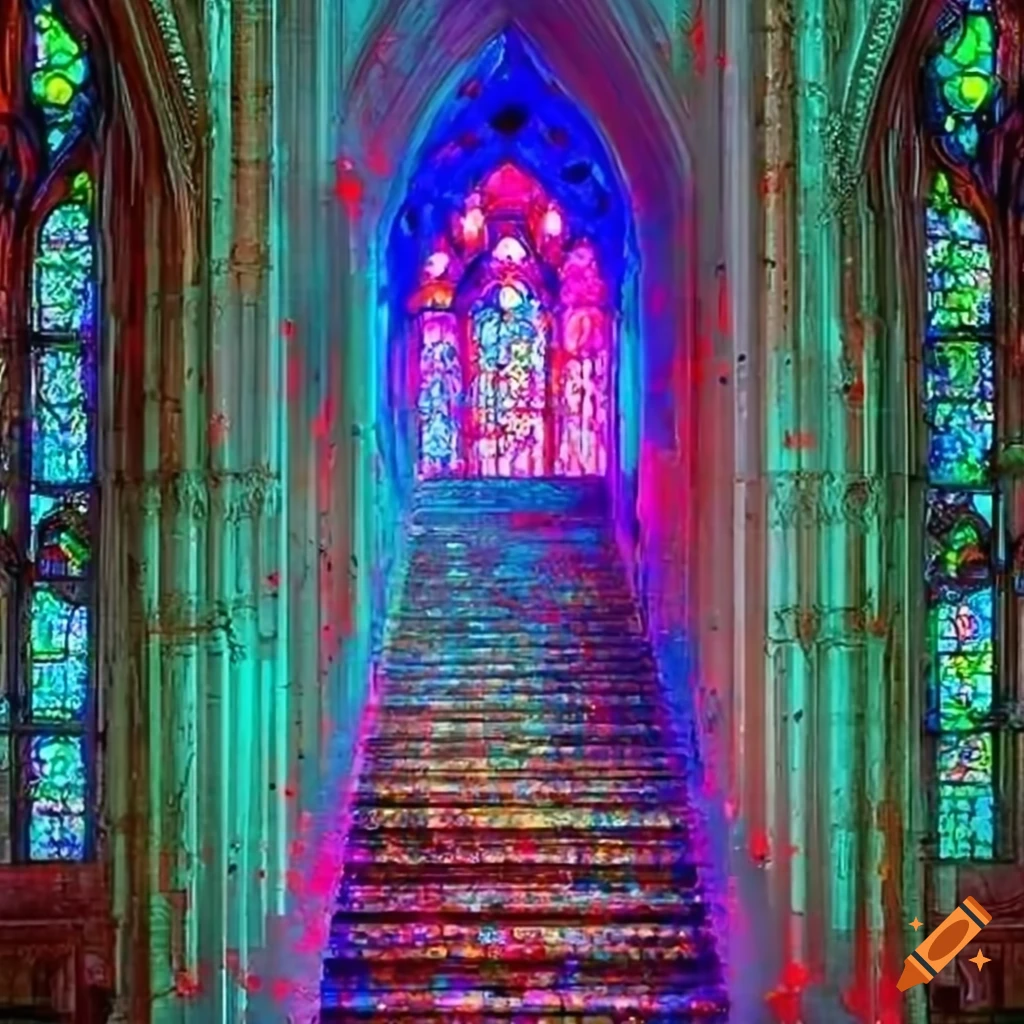 staircase leading to a stunning gothic stained glass window