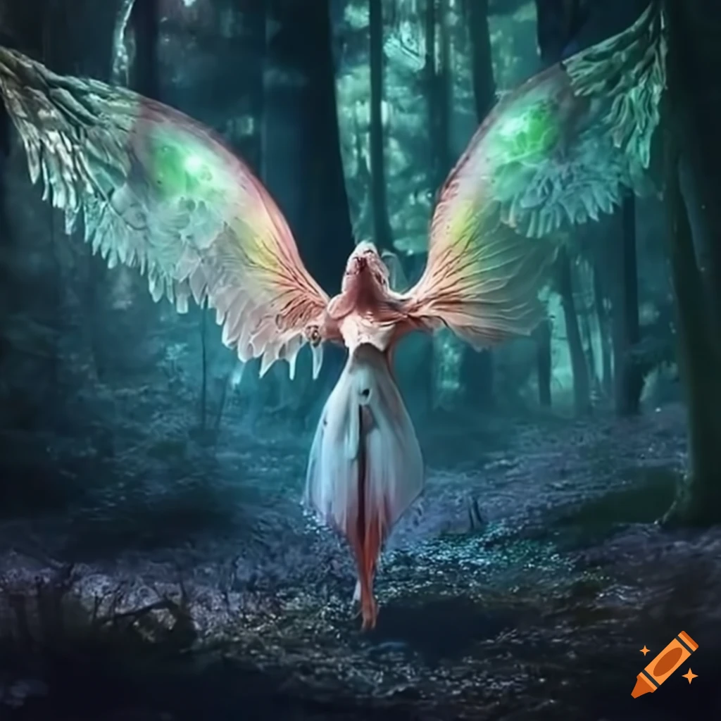 celestial winged creature in a enchanted forest