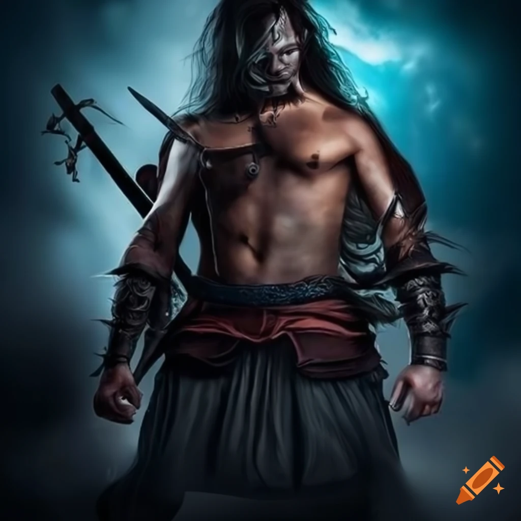 Artwork of a fierce warrior with stormy background on Craiyon