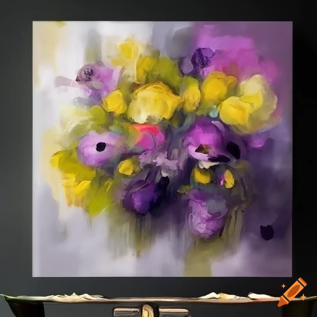 purple, grey, olive green, and yellow floral abstract painting