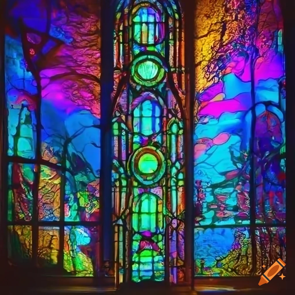 staircase leading to a stunning gothic stained glass window