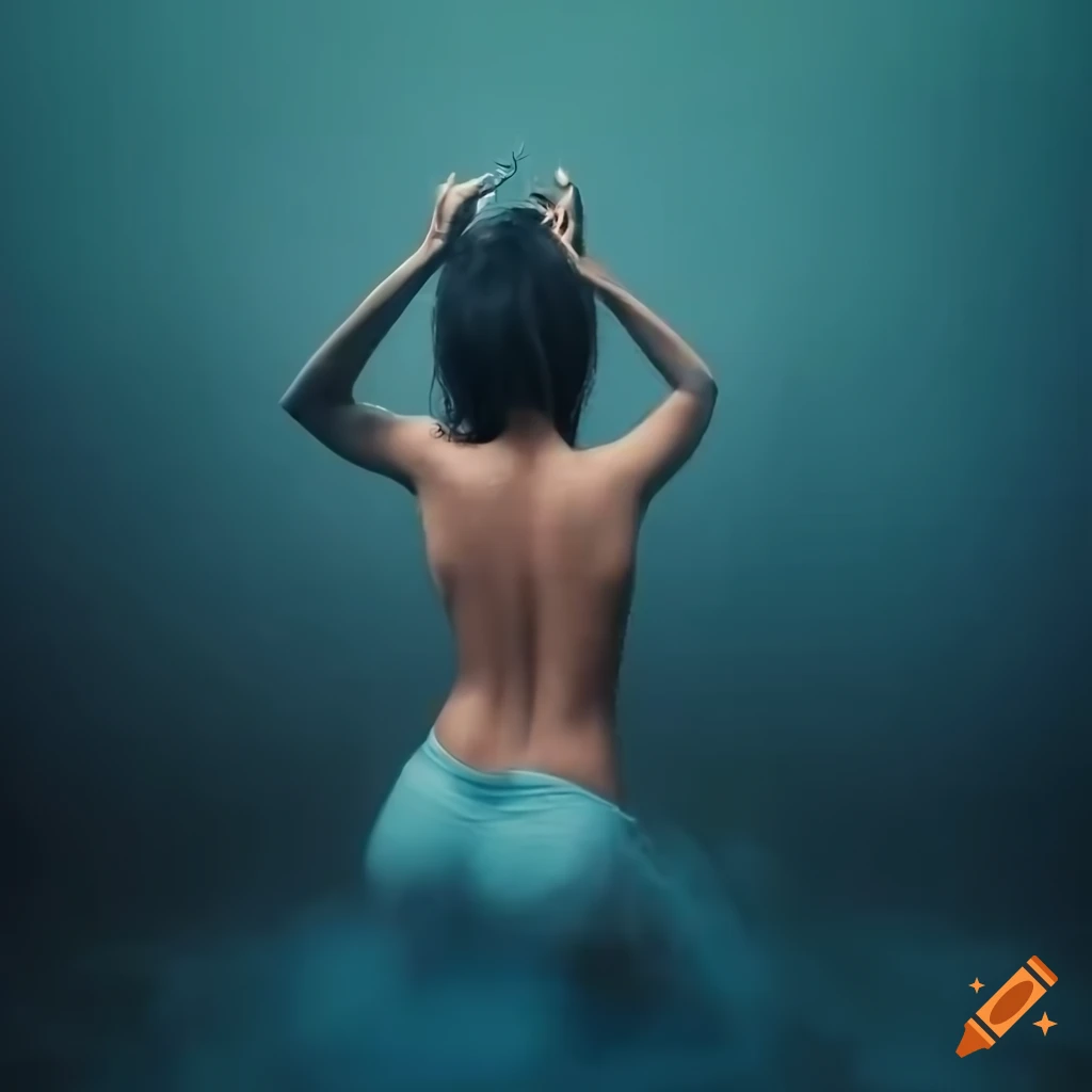 woman washing her hair in a crystal lake