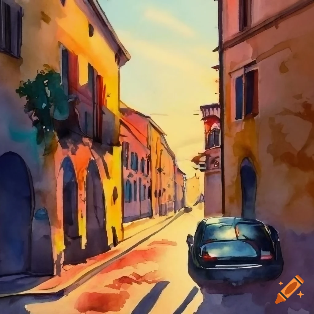watercolor painting of a sunset street scene in Tuscany