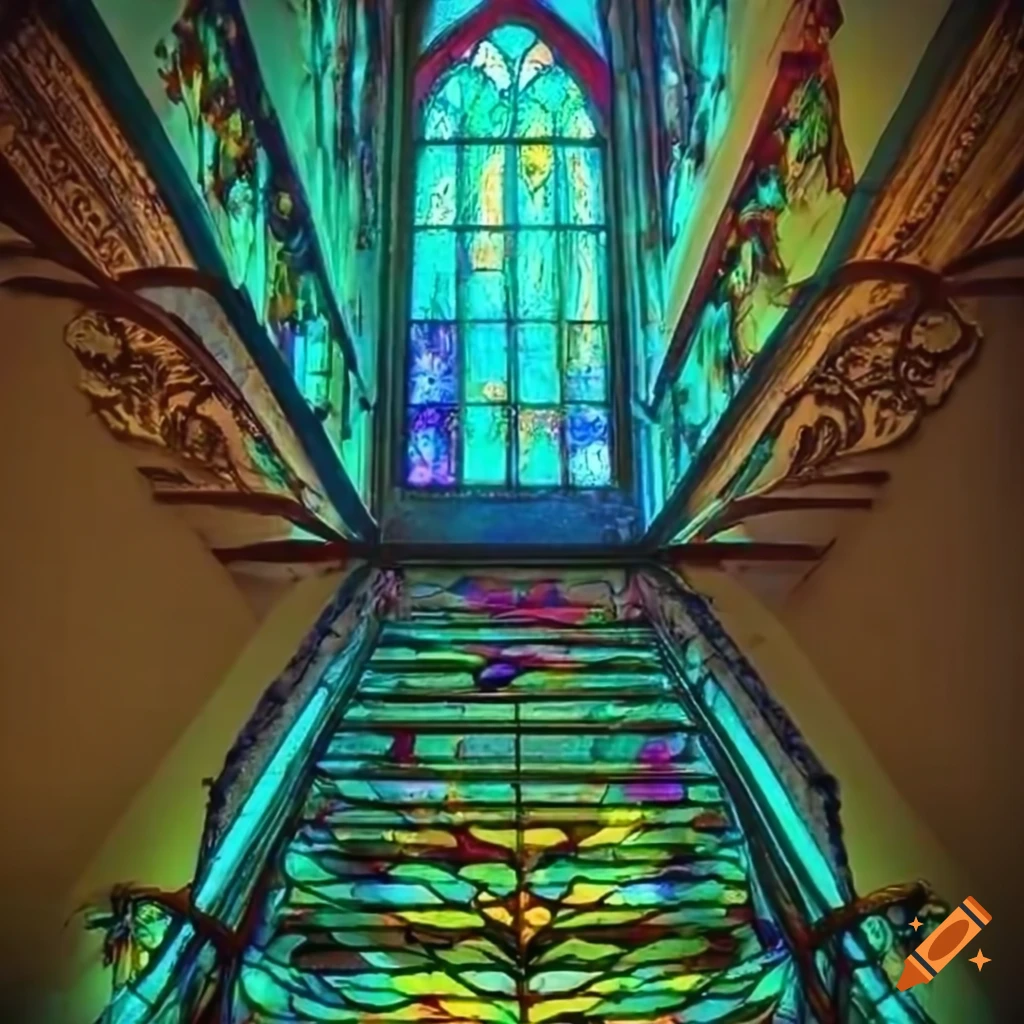 staircase leading to a stunning gothic stained glass window