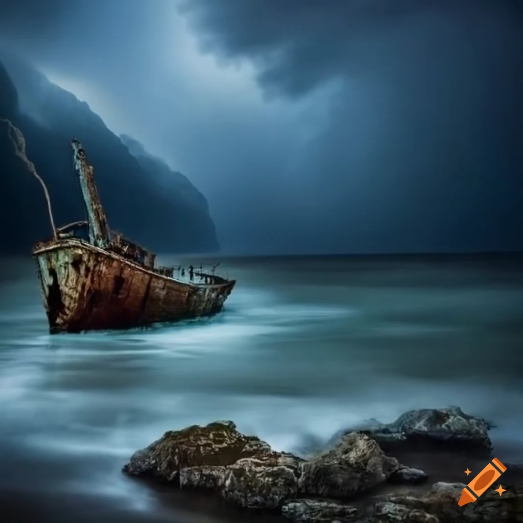 shipwreck in a stormy cove