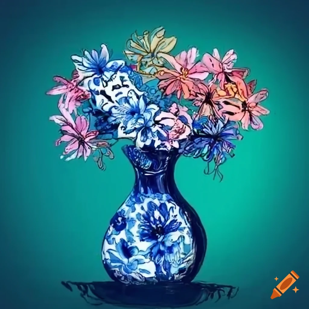 blue and white vase filled with blooming flowers