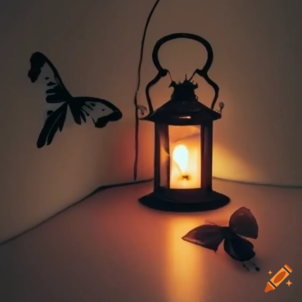 lantern with a candle and moths around it