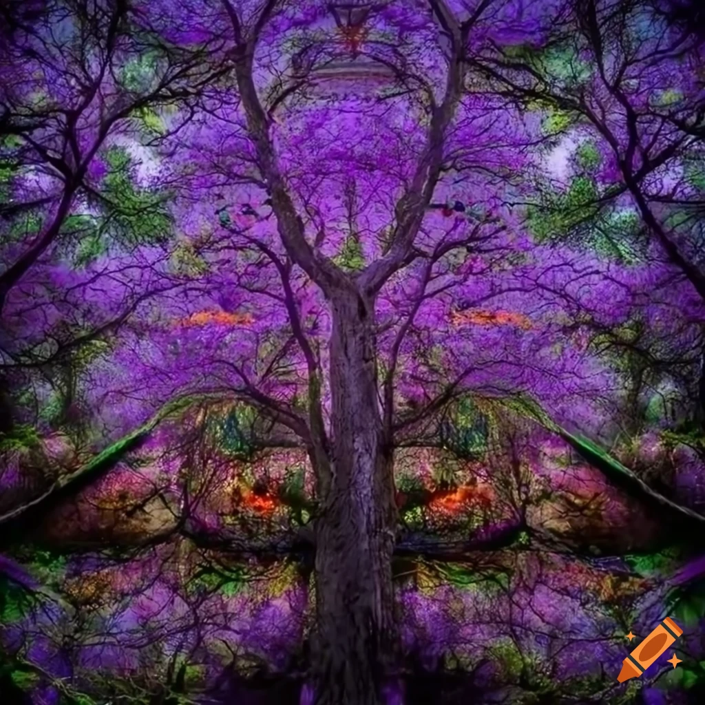 artwork of a purple tree with colorful fruits in a gloomy forest