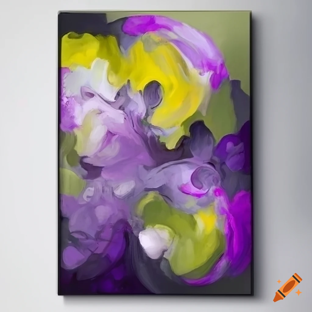 purple, grey, olive green, and yellow floral abstract painting
