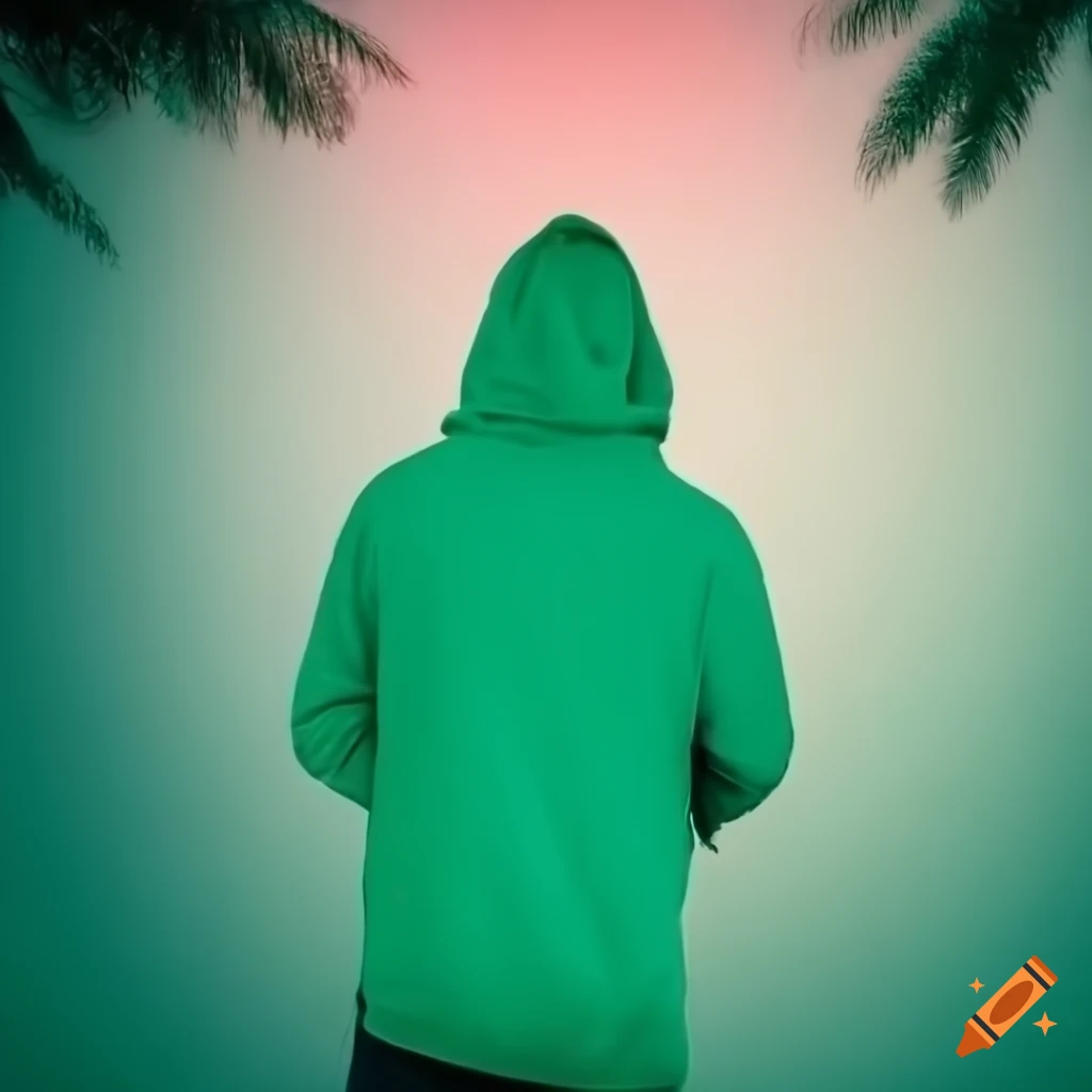 stylish man in a green hoodie with palm trees in the background