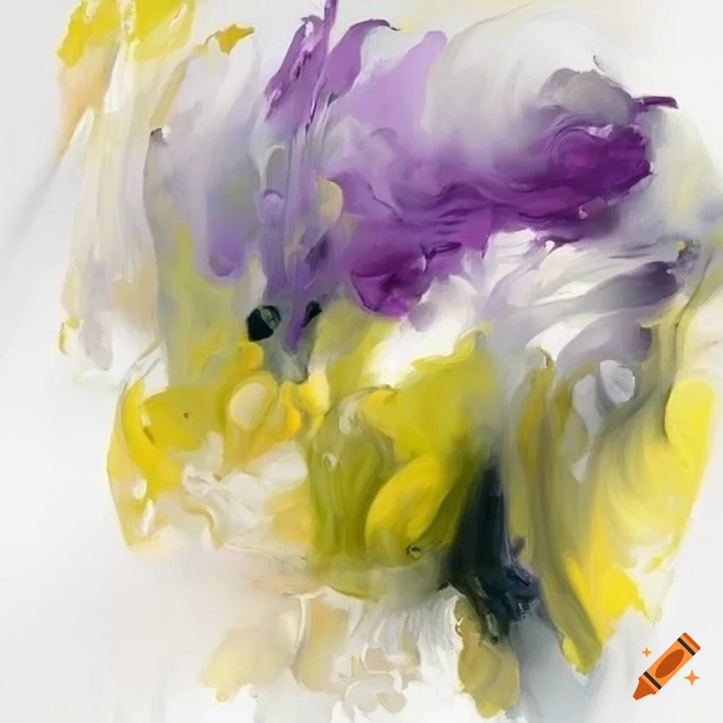 purple, grey, olive green, and yellow floral abstract painting