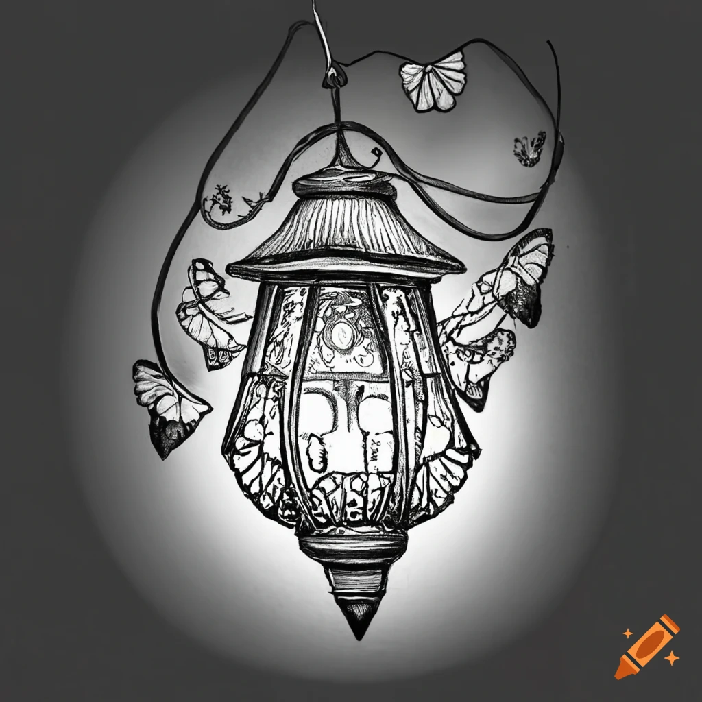 tattoo design of a lantern surrounded by moths