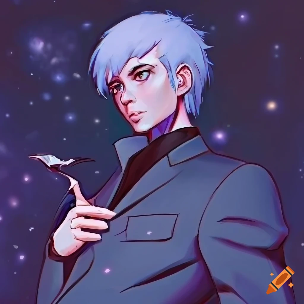 illustration of a serious man with white hair and a raven on his shoulder