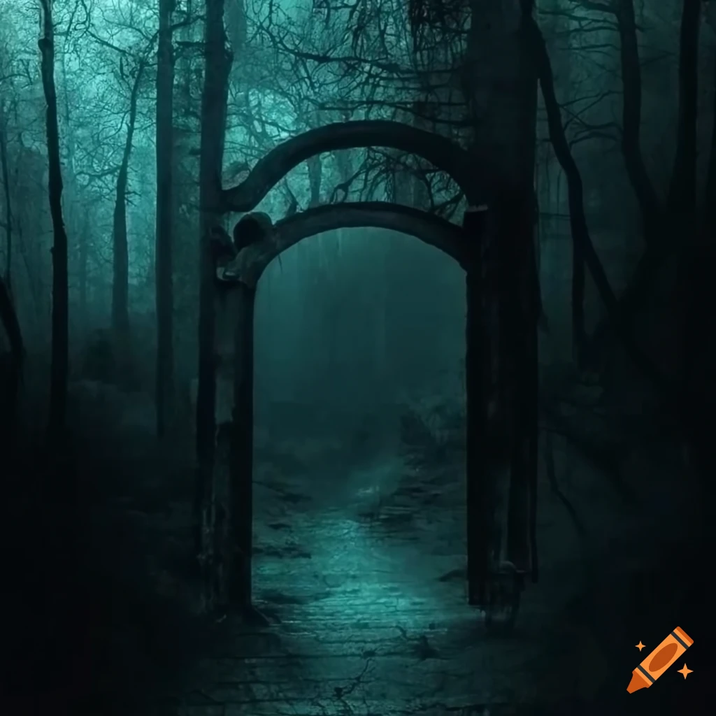 haunted path with iron gate in a dark forest