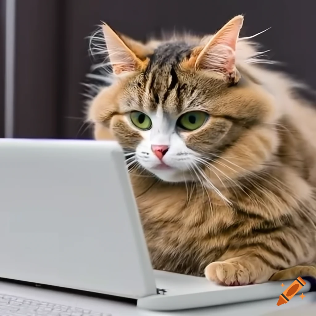 fluffy cat scientist with a computer