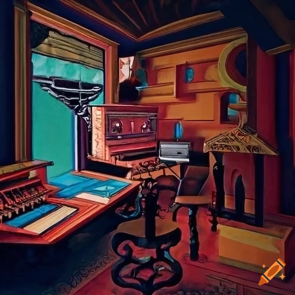 colorful MC Escher-style music studio