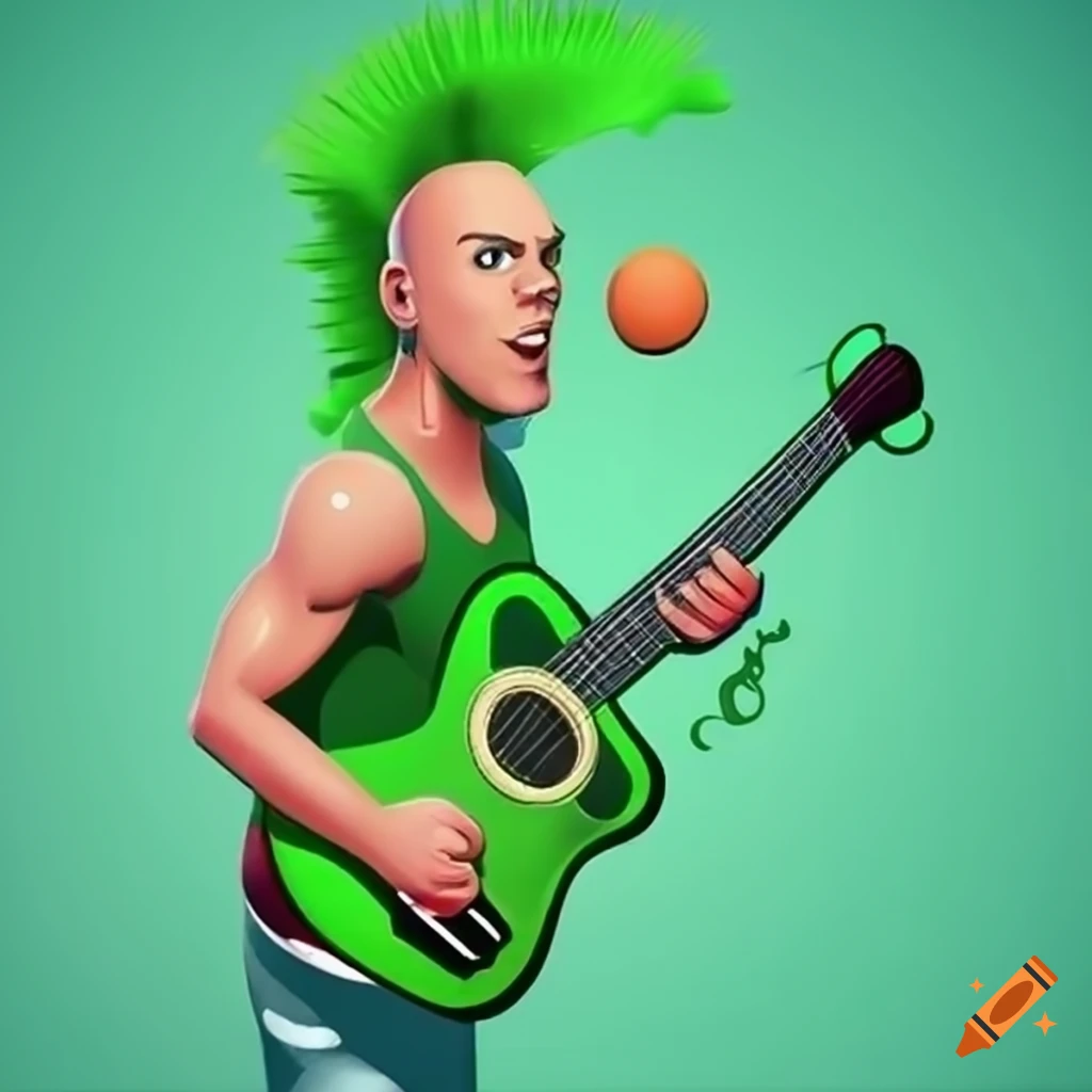 cartoon of a neon green pickleball playing guitar with a pickleball paddle