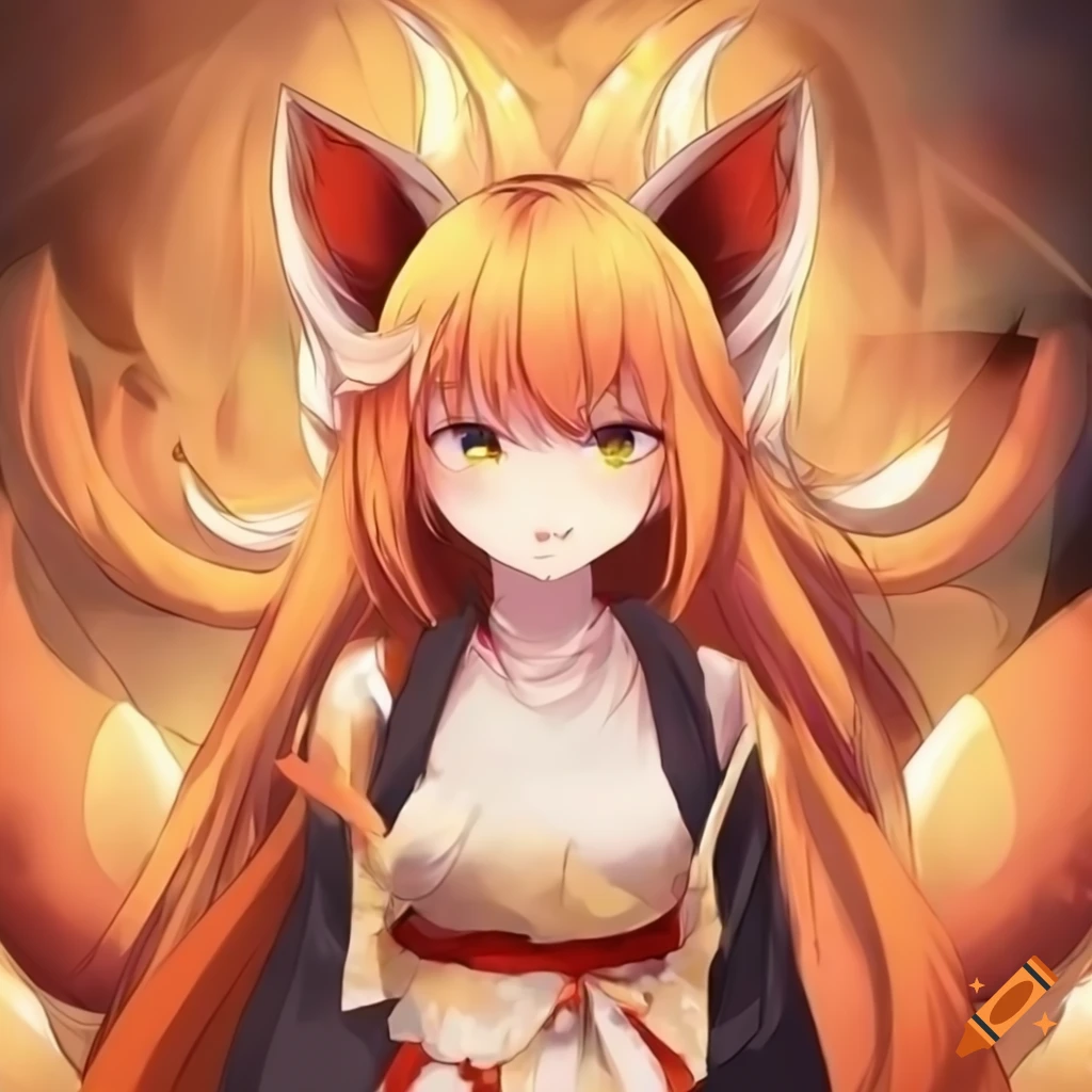anime kitsune girl with vibrant hair and multiple tails