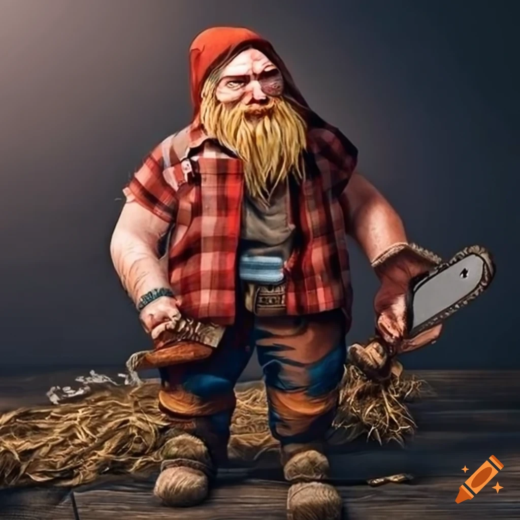 bearded dwarf lumberjack wearing flannel shirt and using chainsaw