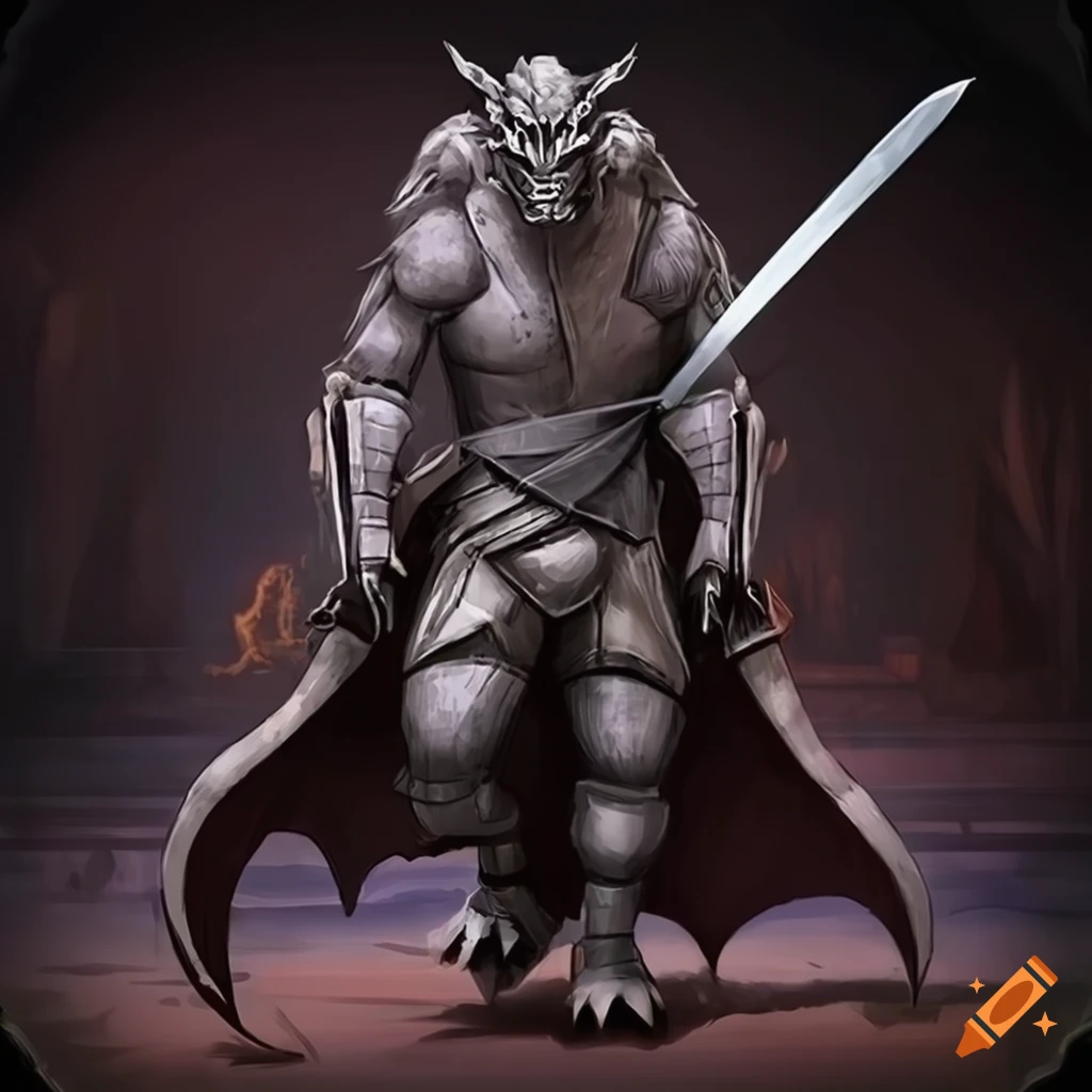 illustration of a fusion character resembling a goliath gargoyle knight with a sword