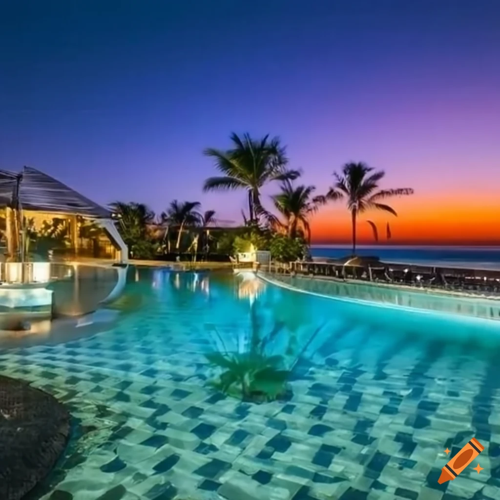 luxurious beach resort with a lively pool area