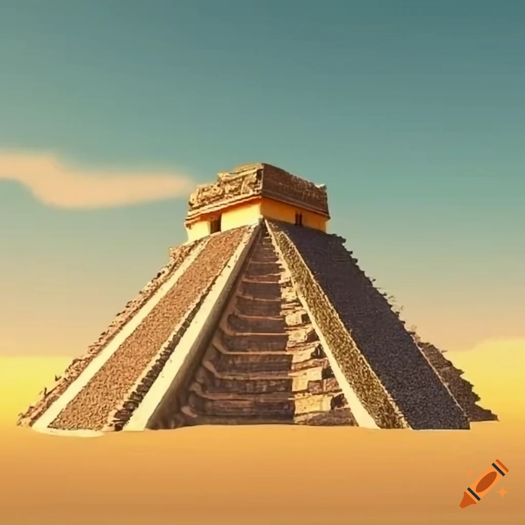 image of an Aztec pyramid with a spire in an oasis