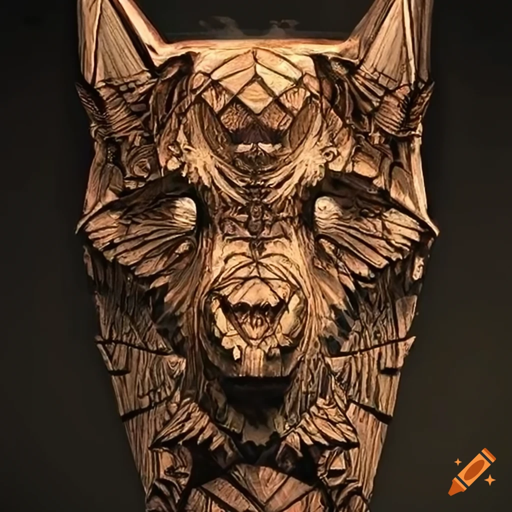 detailed moth and werewolf carving artwork