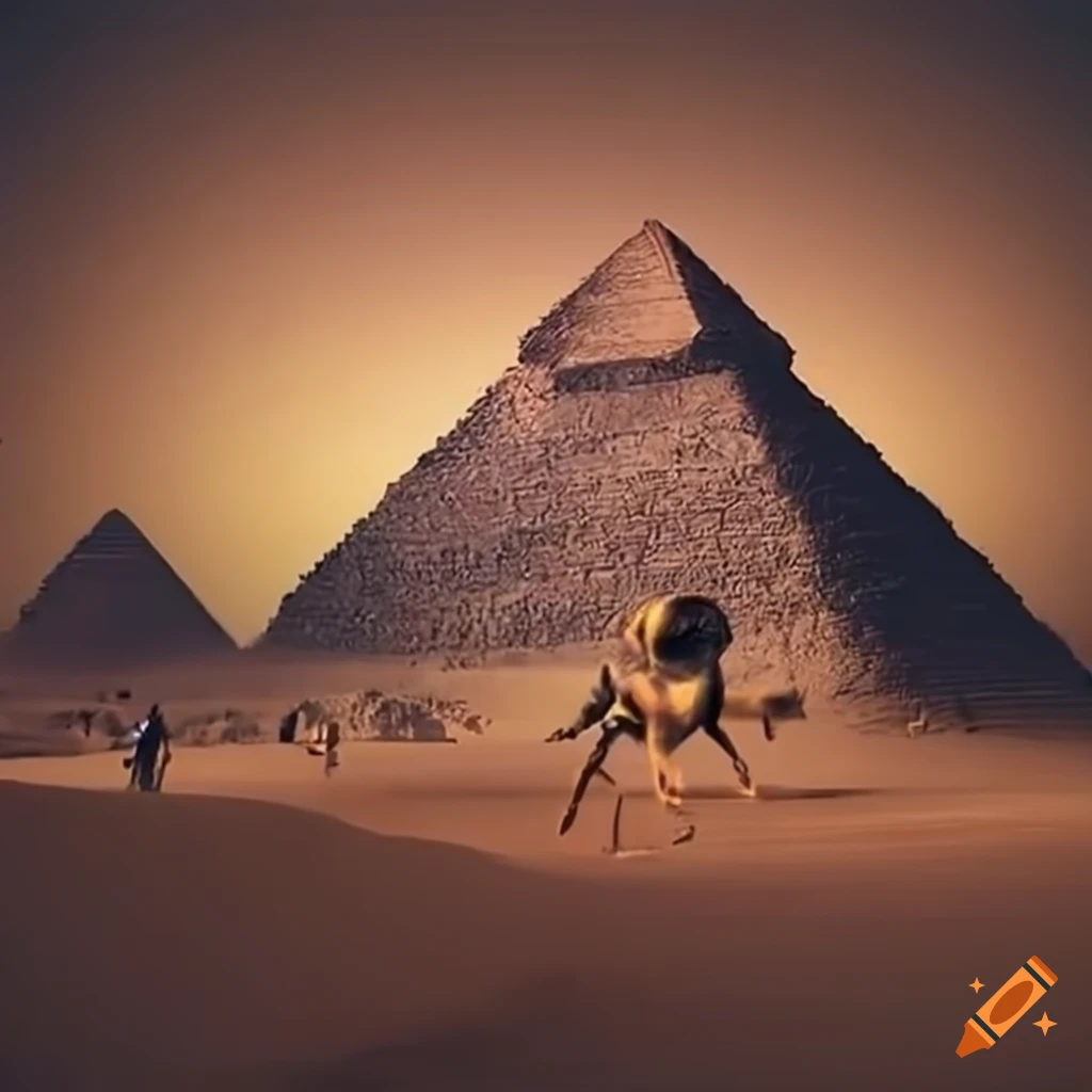 dramatic scene of aliens aiding in pyramid construction