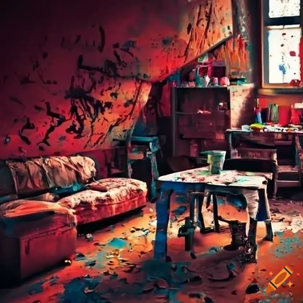 student living room covered in paint splatters