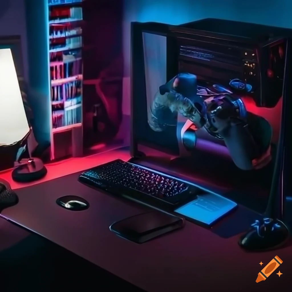 gaming setup in a library with books