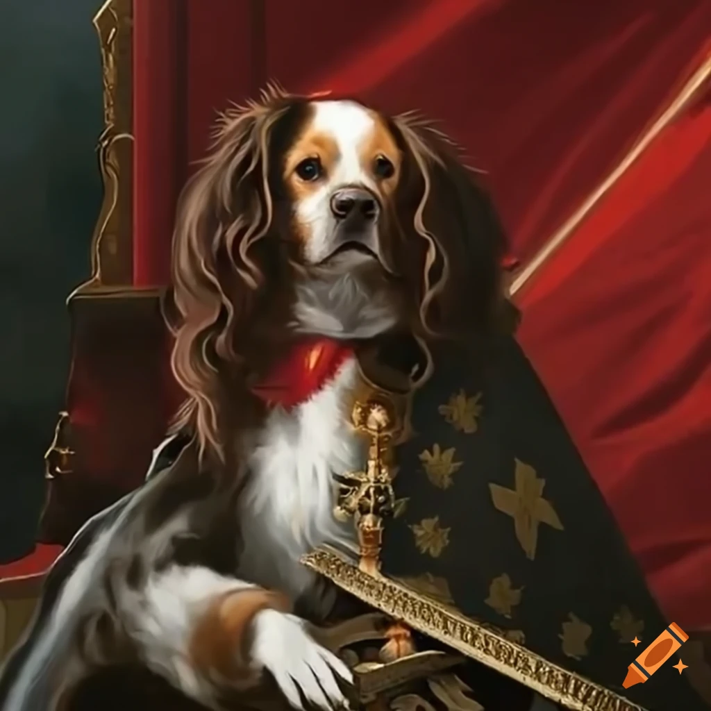 parody painting of a brown Labrador dog as King Charles II