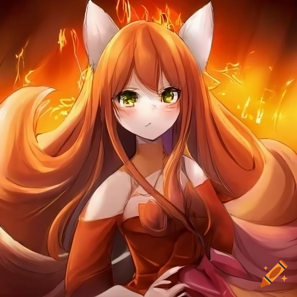 illustration of an adorable kitsune girl with vibrant orange hair and fluffy tails