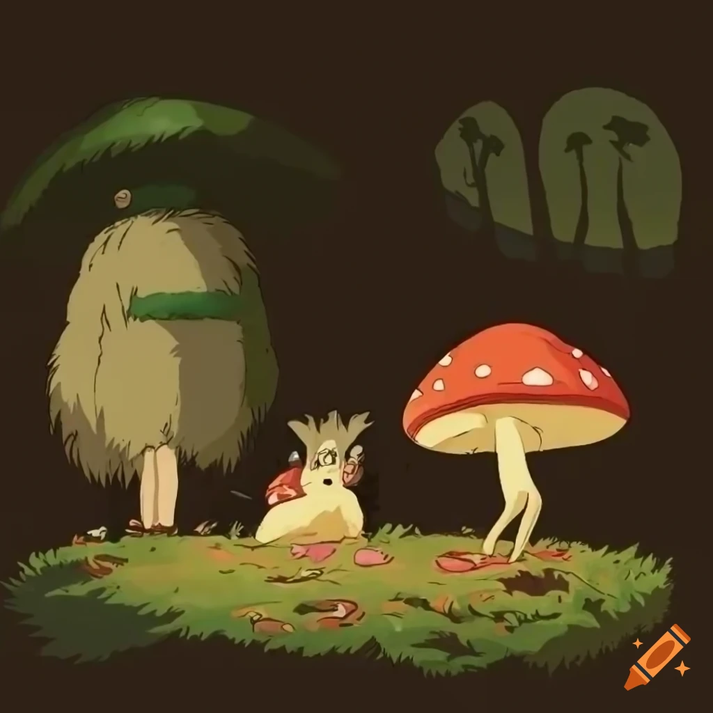 Ghibli-inspired retro scene with forest, two people, furry animals, and huge mushrooms